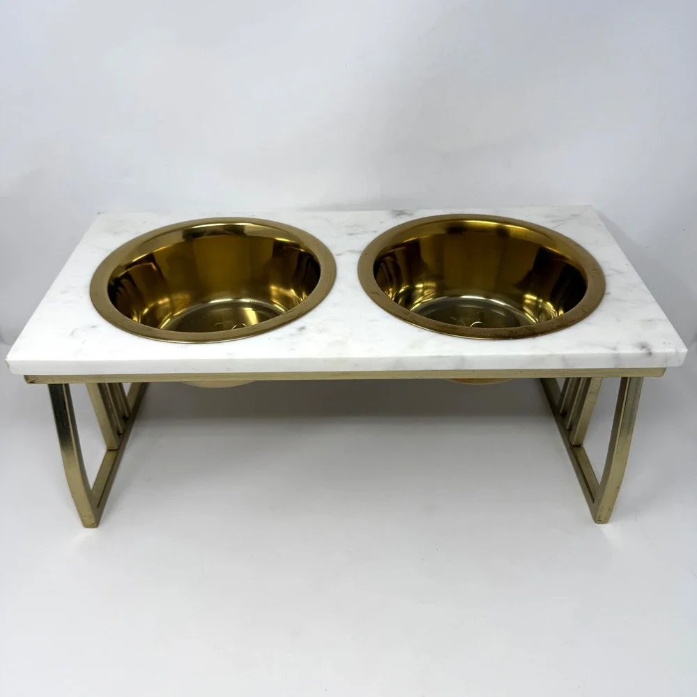 Modern Elevated Pet Feeder White Marble Gold Brass Colored Metal Base Bowls